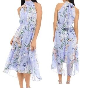 NWT Eliza J Womens High Low Dress 2 Chiffon Blue/Purple Floral Print Sleeveless